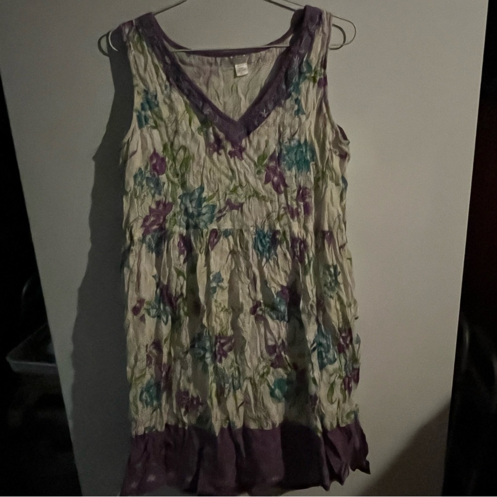 Hippie Style White Floral Sundress with Purple Trim Size X Lg